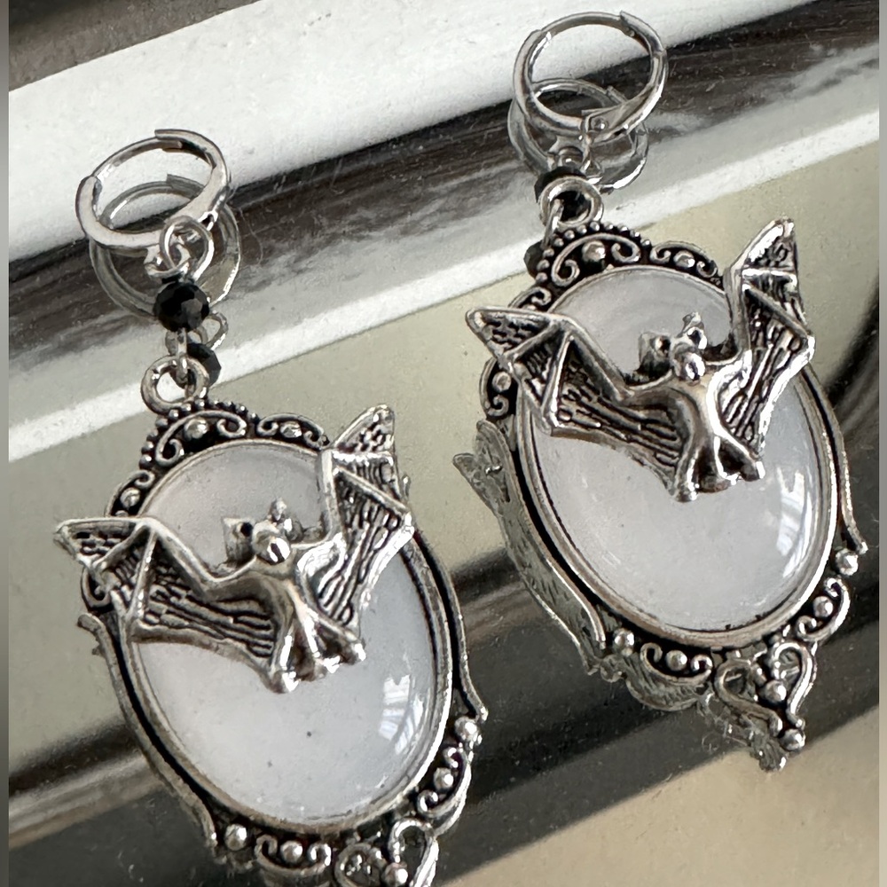 NEW Bat Moonstone Dangle Earrings Halloween Goth Vampire Statement Jewelry